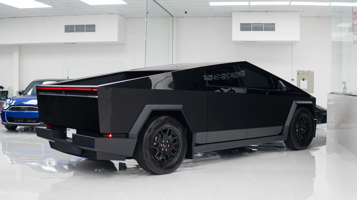 Satin black Tesla Cybertruck after full-body XPEL Stealth installation