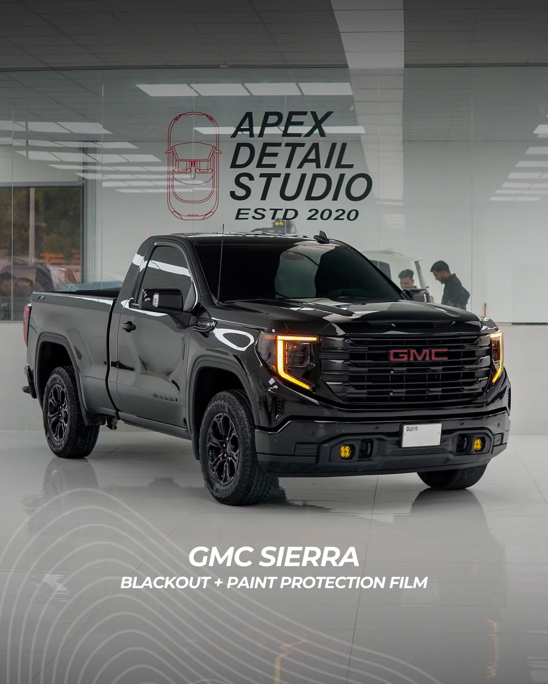 GMC Sierra blackout and paint protection film project at Apex Detail Studio