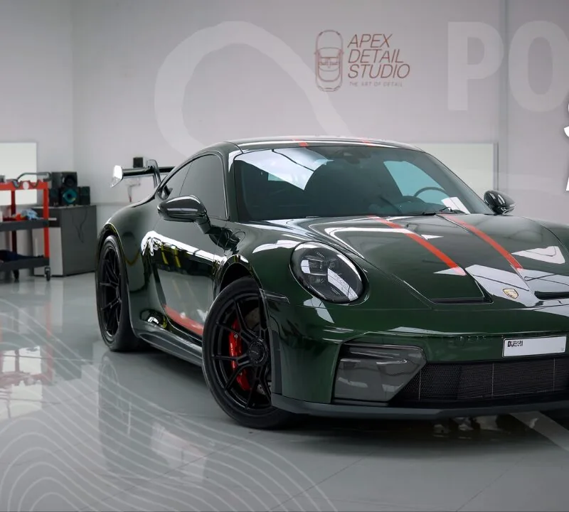 Porsche impact-zone detail at Apex Detail Studio Dubai