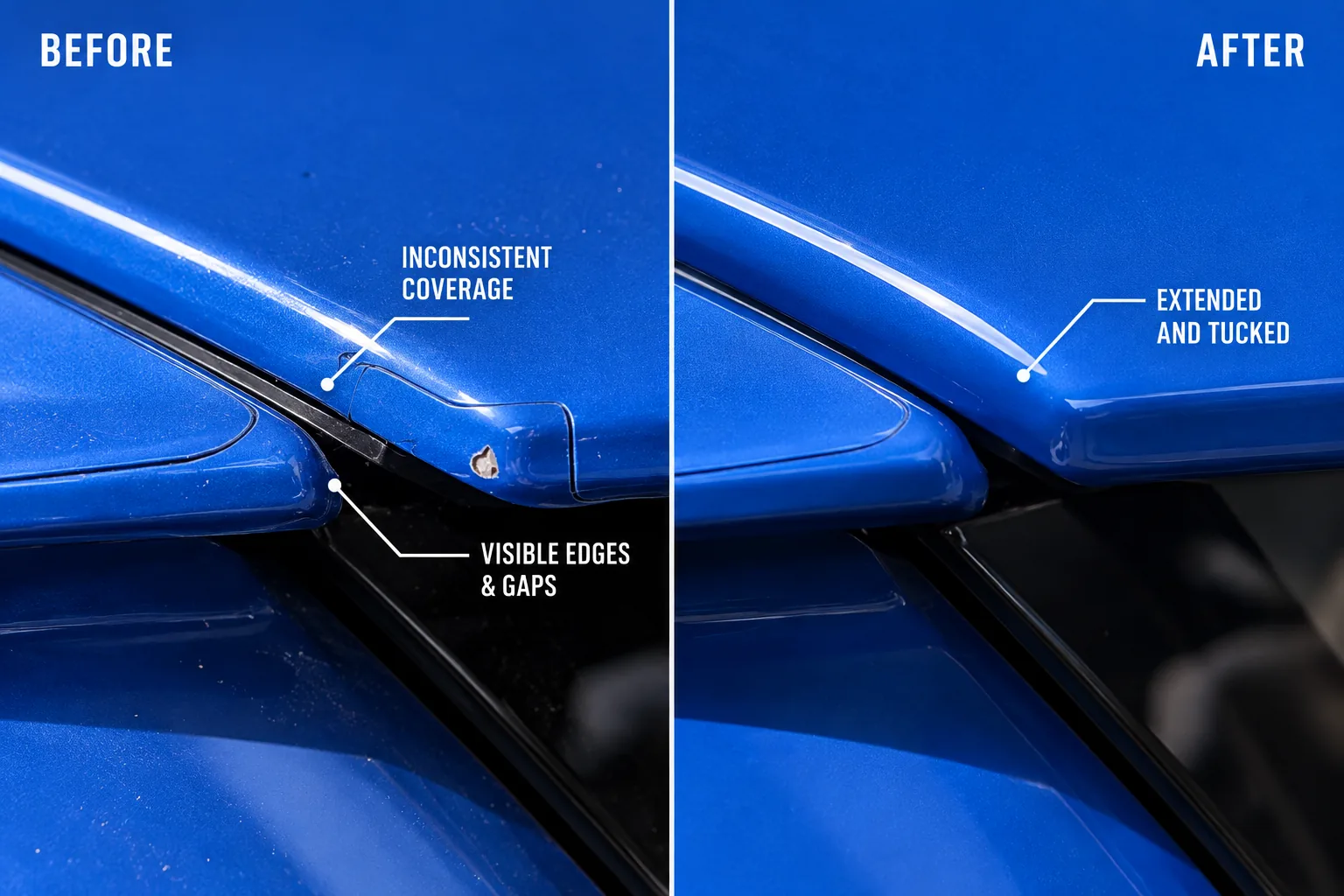 Before and after: film cut short with visible edges, then extended and tucked