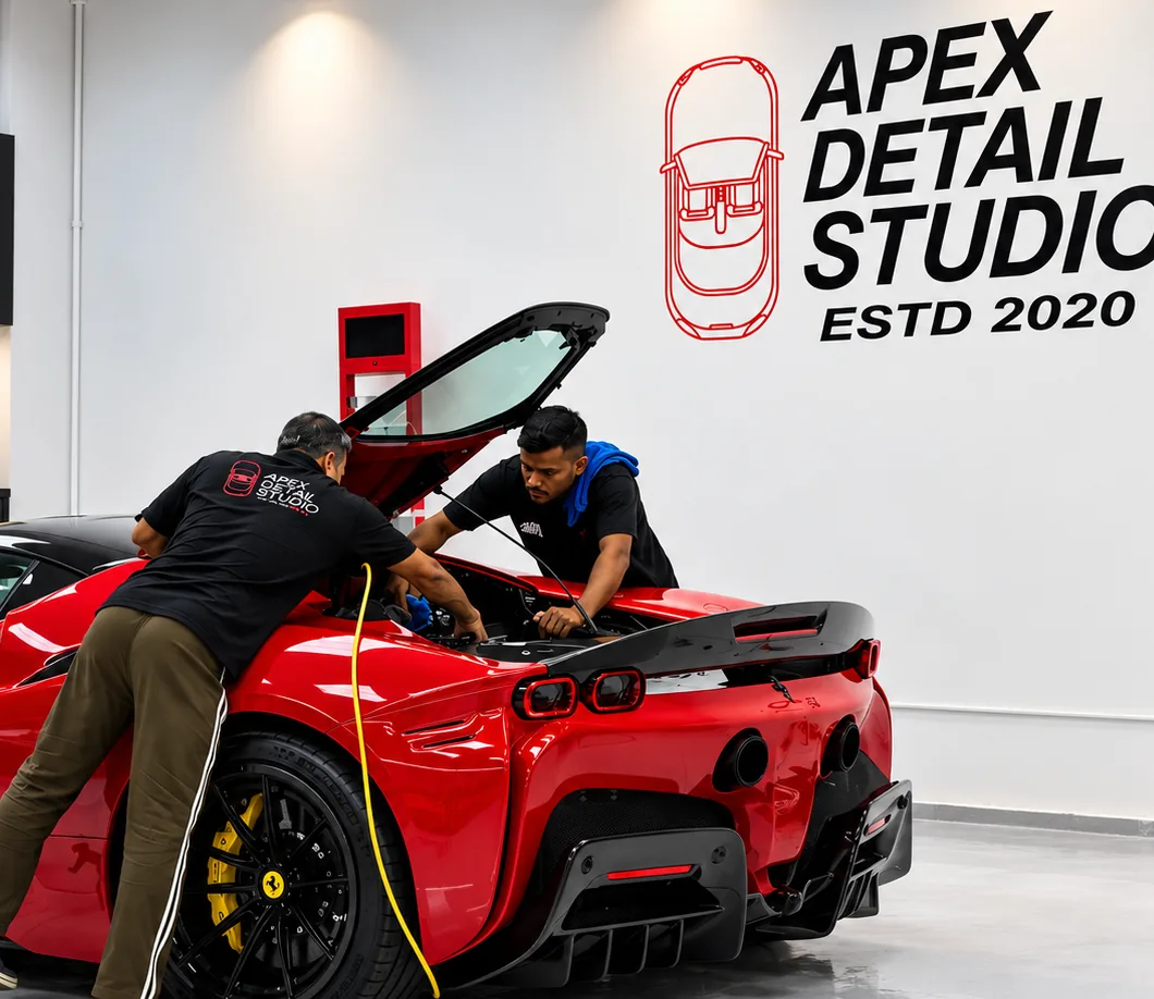 The Apex team working on a Ferrari at the studio
