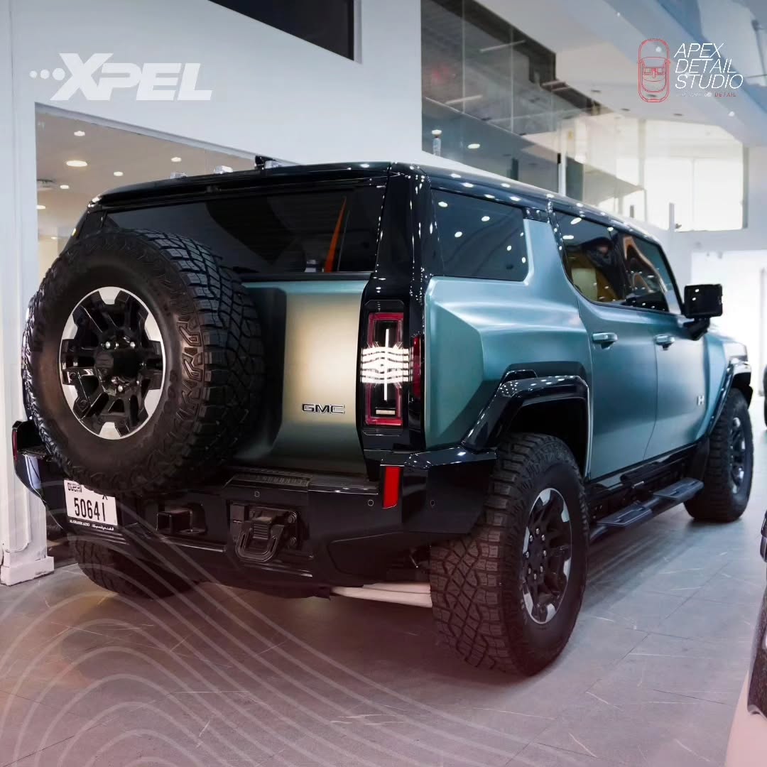 2024 GMC Hummer EV equipped with XPEL XR Plus Window Tints on the roof and front windshield, offering 98% heat rejection for superior protection in Dubai's intense heat
