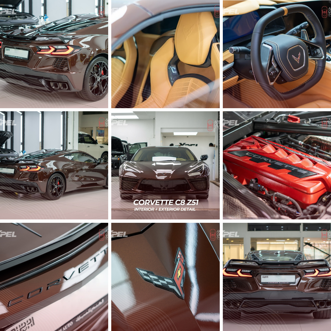 A Chevrolet C8 Corvette with a gleaming exterior and pristine interior after expert detailing.