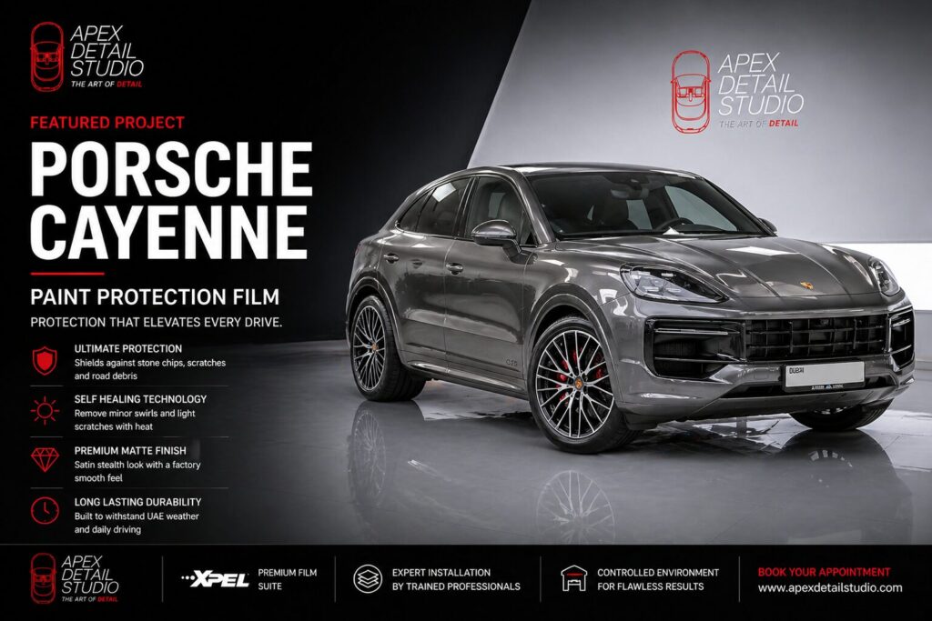 Porsche Cayenne matte PPF installation in Dubai by Apex Detail Studio showing full body paint protection film and satin stealth finish