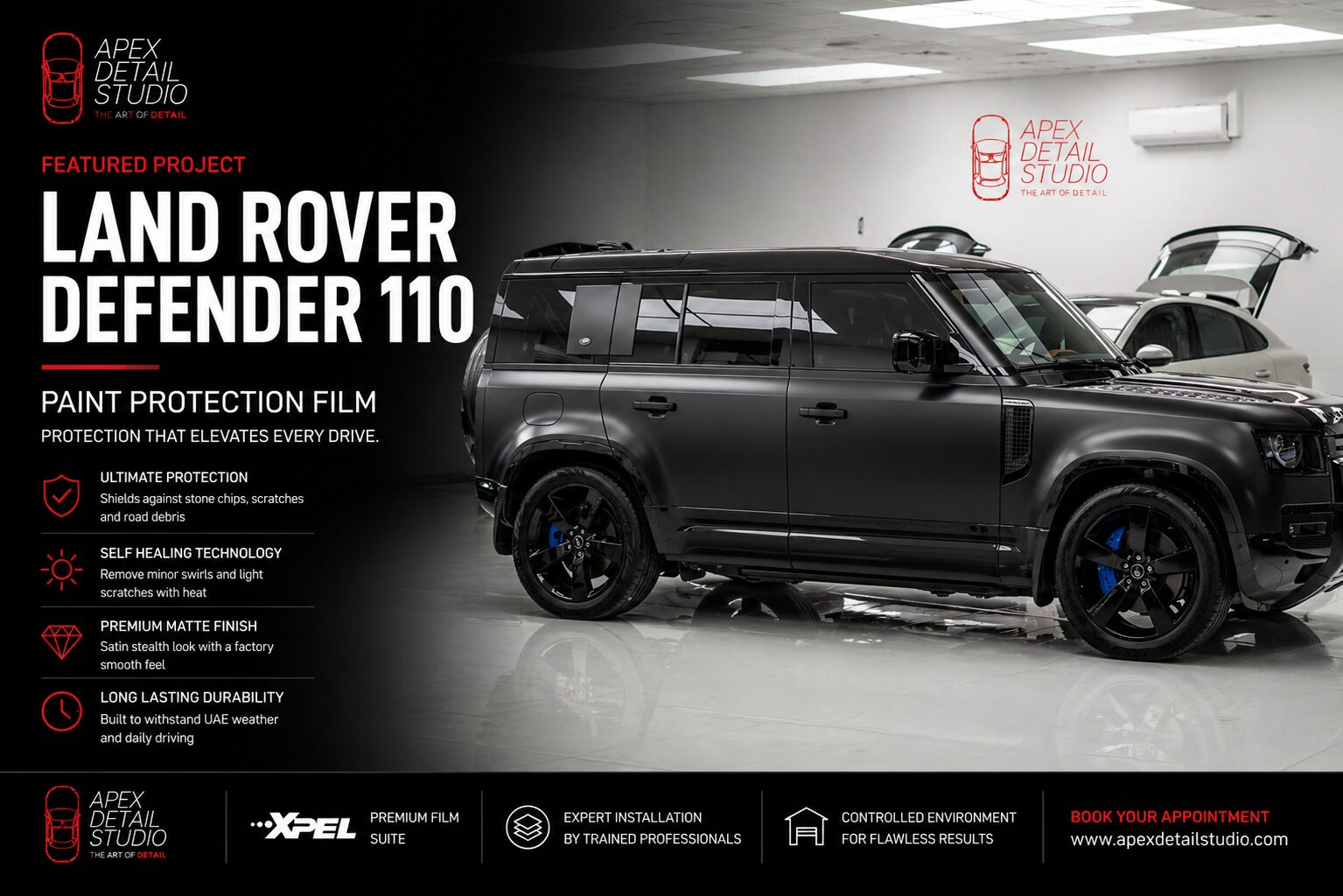 Land Rover Defender 110 Carpathian Edition with matte paint protection film installed at Apex Detail Studio Dubai