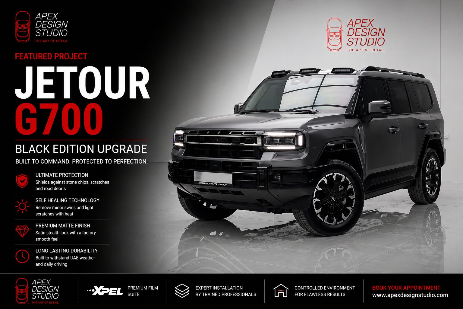Jetour G700 luxury SUV in Dubai receiving paint protection film at Apex Detail Studio