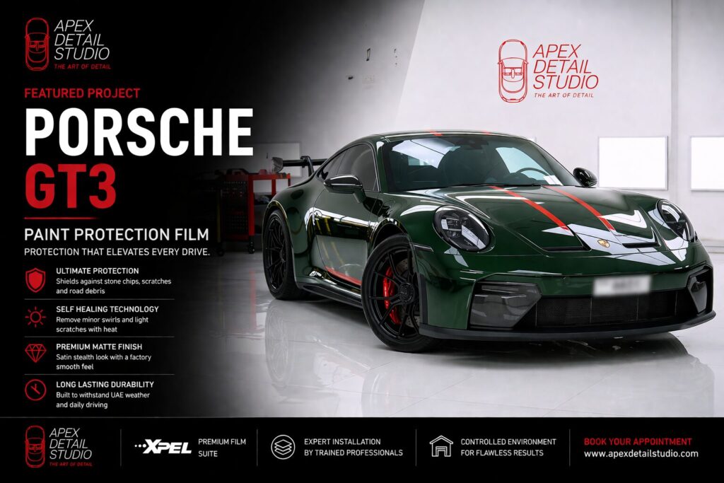 Porsche 911 GT3 PPF installation in Dubai by Apex Detail Studio showing full body paint protection film and satin stealth finish