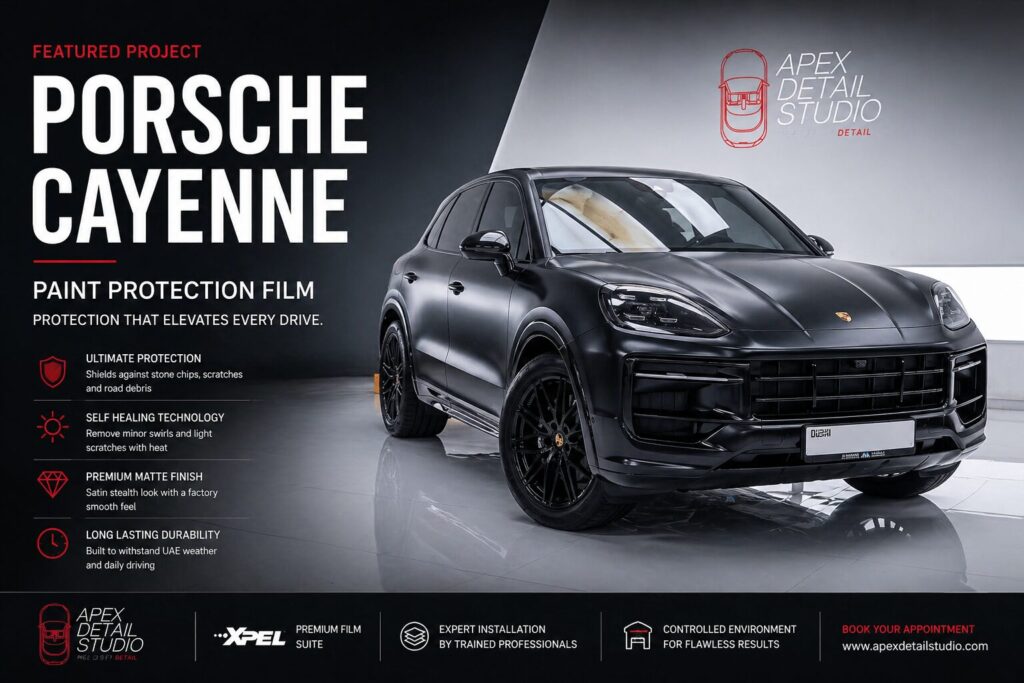 Porsche Cayenne matte PPF installation in Dubai by Apex Detail