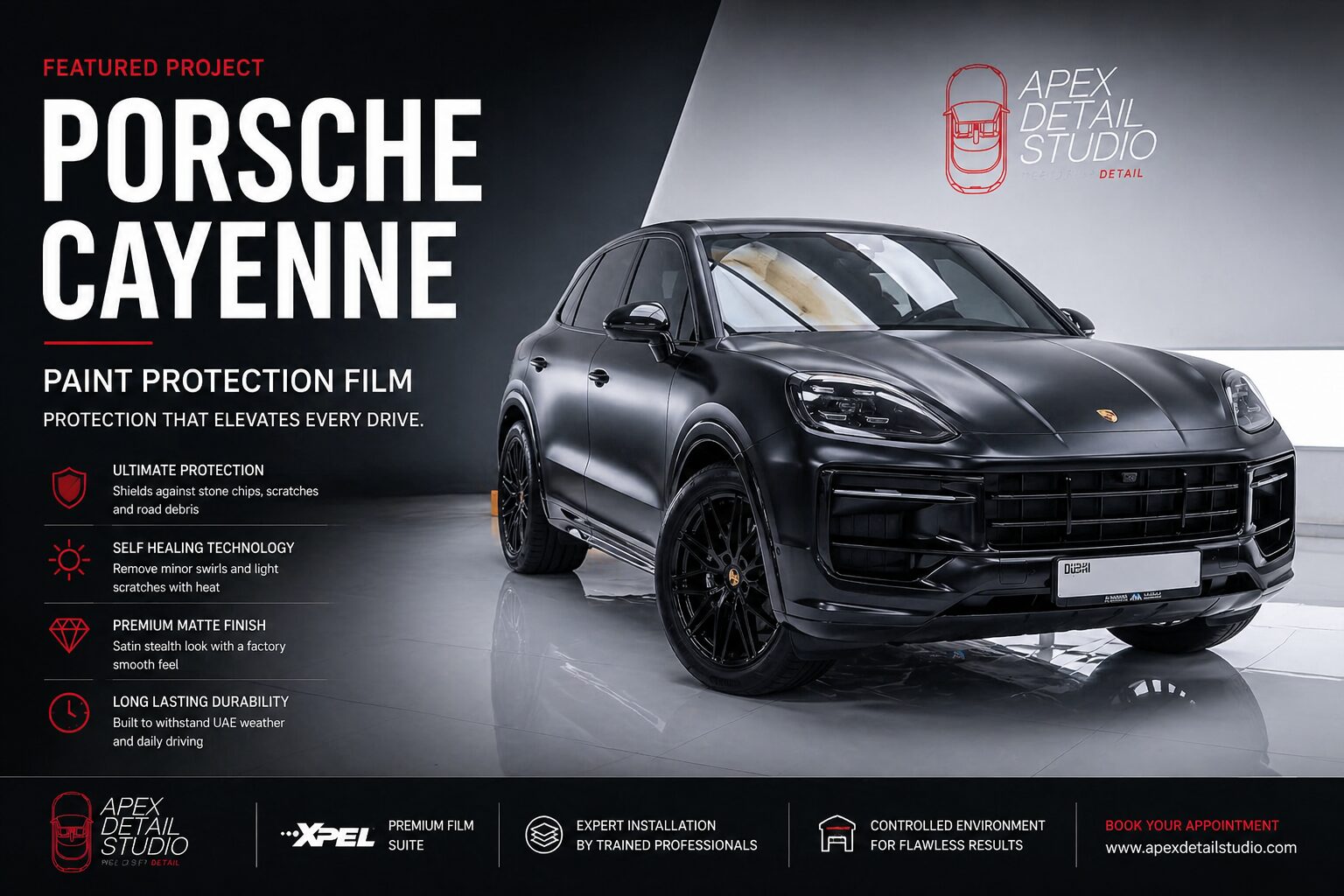 Porsche Cayenne matte PPF installation in Dubai by Apex Detail Studio showing full body paint protection film and satin stealth finish