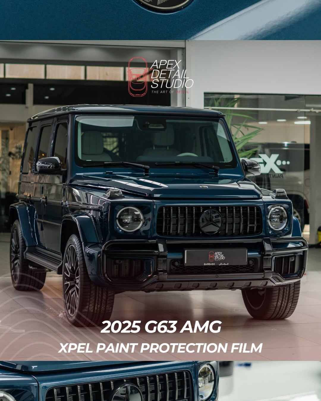 2025 Mercedes-AMG G63, dark blue, full body gloss PPF in precut patterns, at Apex Detail Studio in Dubai