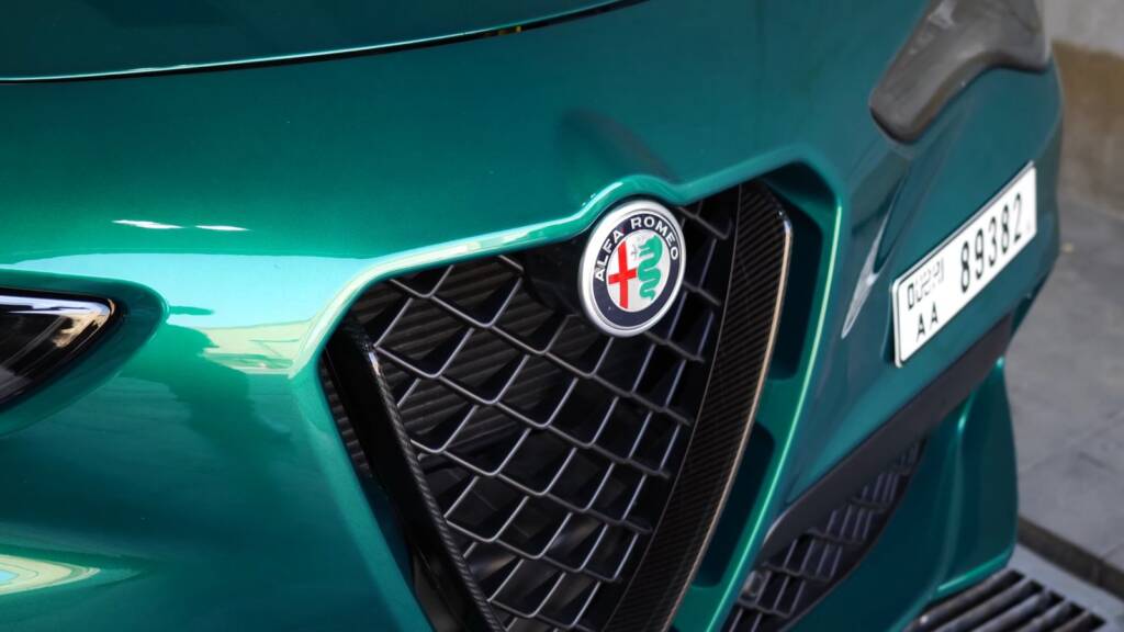 Green 2023 Alfa Romeo Stelvio Quadrifoglio grille before PPF in Dubai