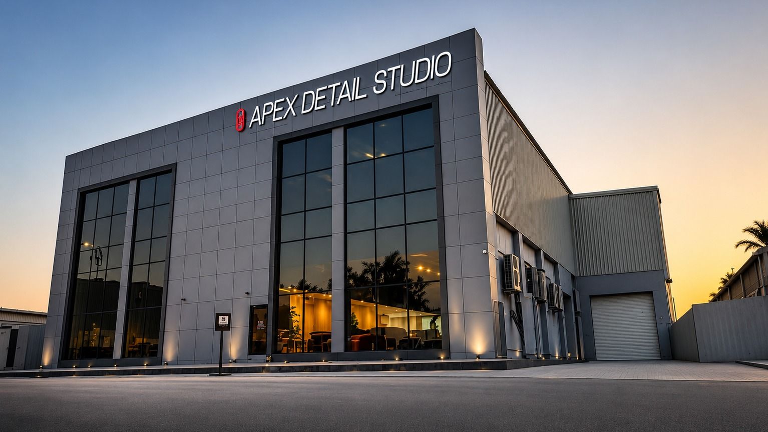 Apex Detail Studio building exterior at dusk in Al Quoz Dubai