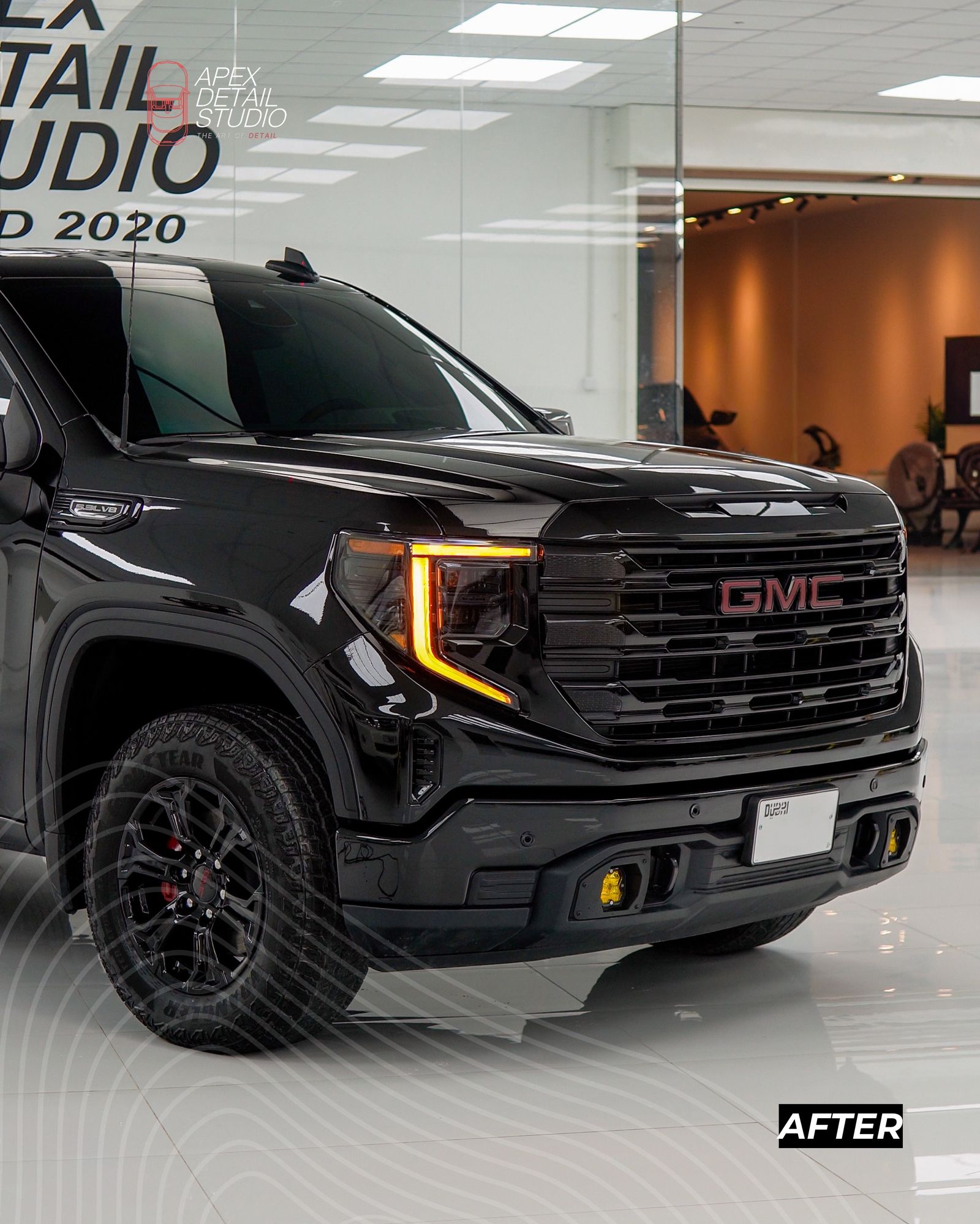 Black GMC Sierra pickup after detailing at Apex Detail Studio Dubai