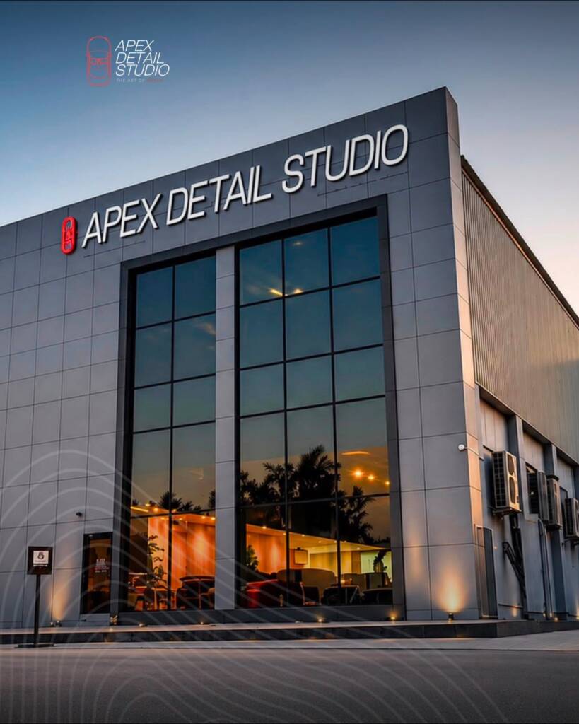 Apex Detail Studio building exterior in Al Quoz Dubai at dusk