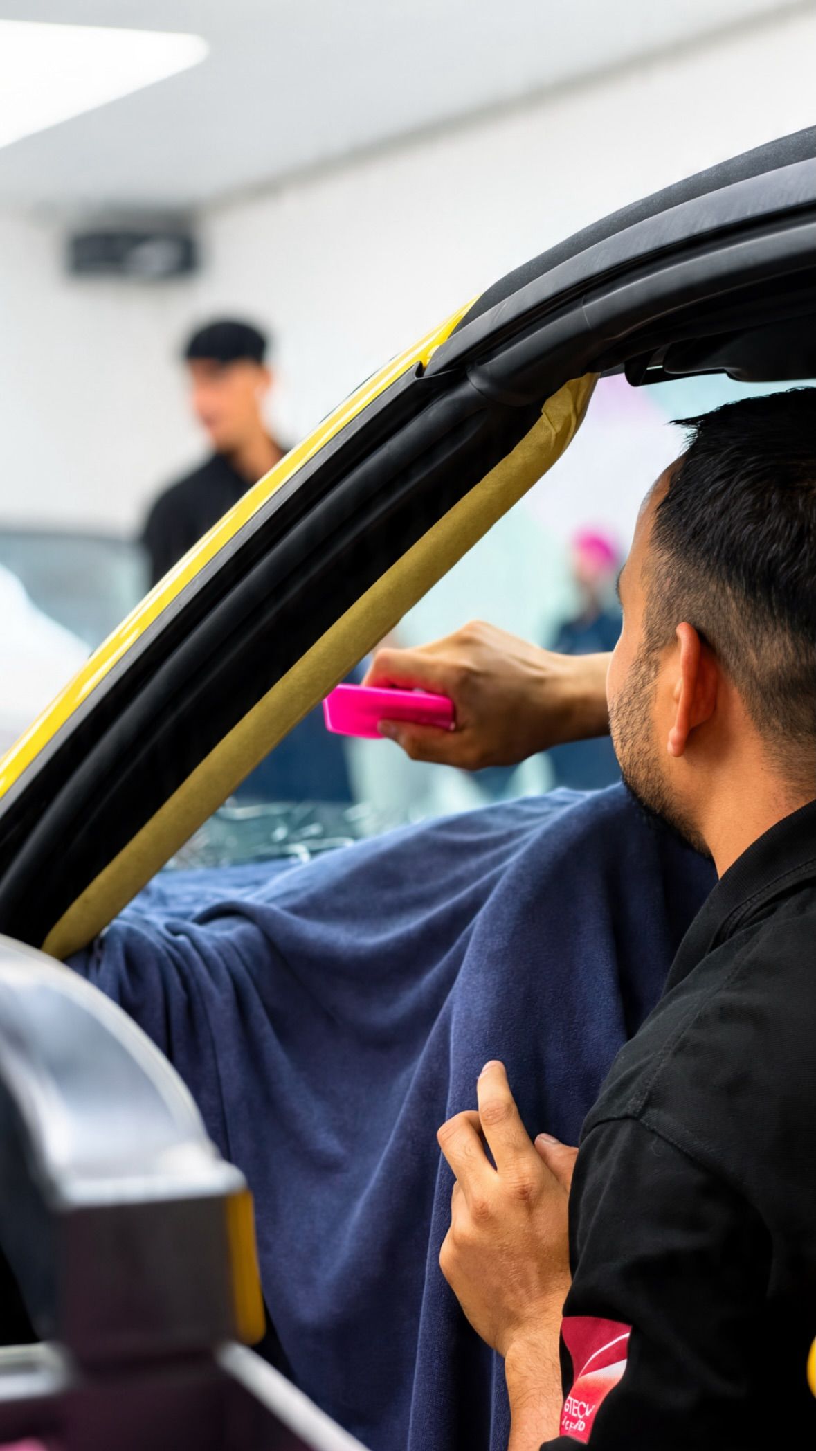Detailer cleaning a car door interior at Apex Detail Studio in Al Quoz, Dubai