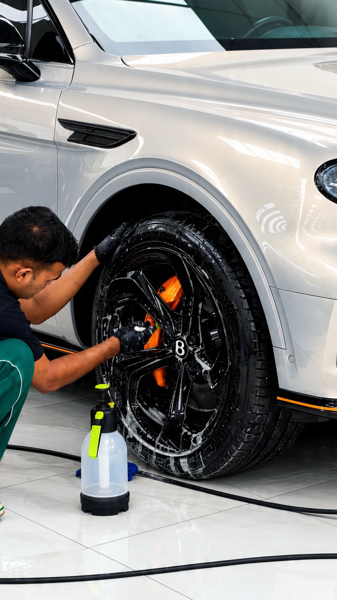Detailer cleaning the wheel of a white Bentley at Apex Detail Studio Dubai
