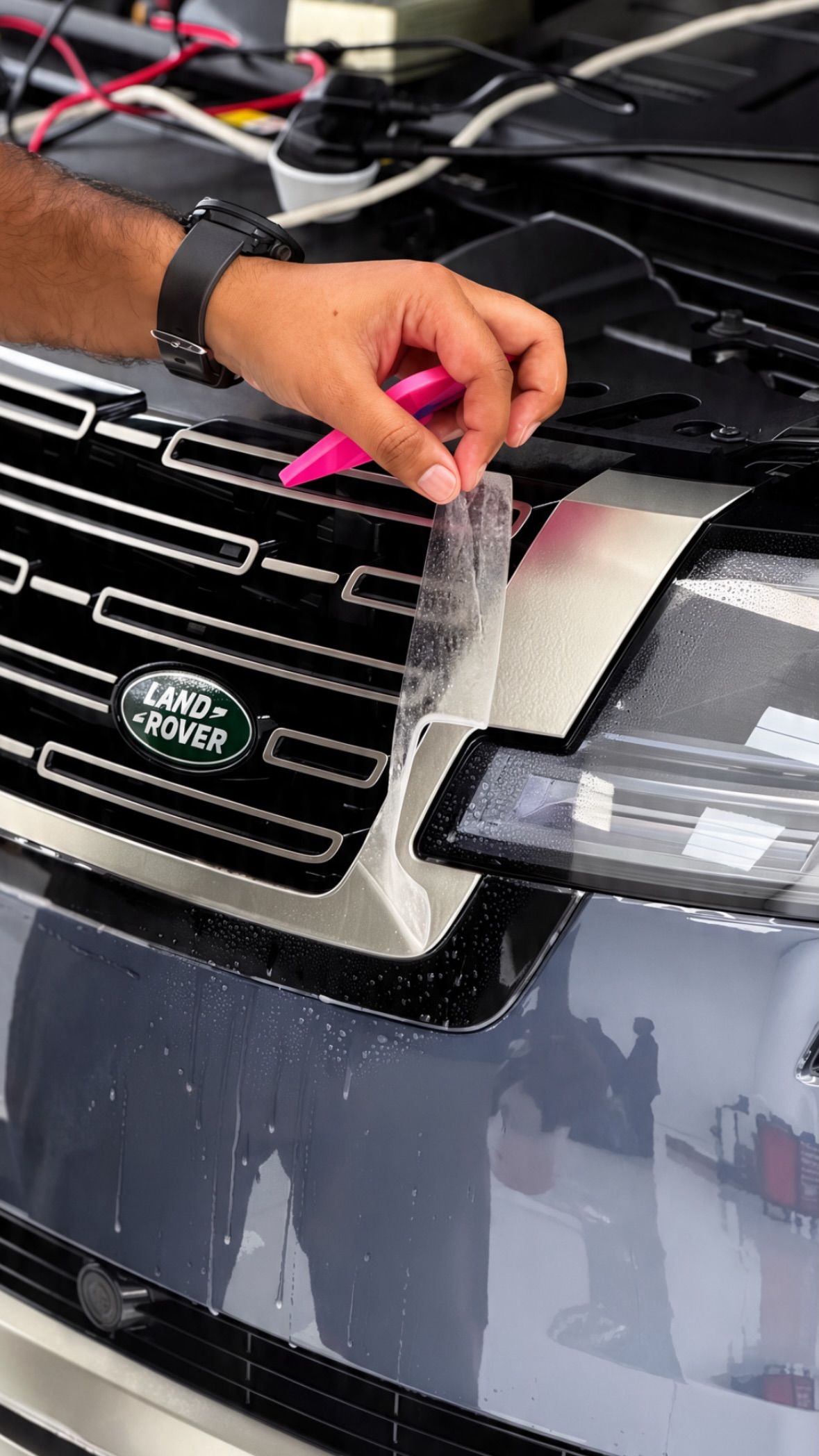 Installer applying paint protection film around a Land Rover grille at Apex Detail Studio Dubai