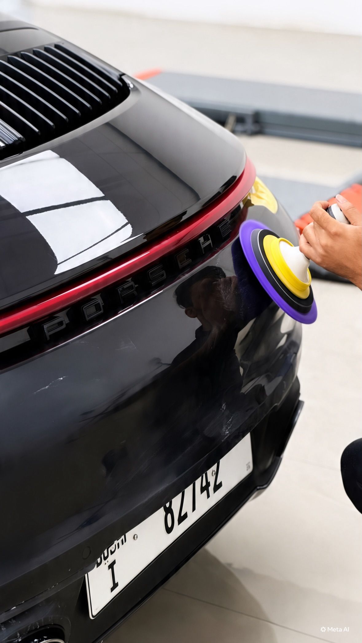 Technician machine polishing the rear of a black Porsche after paint work at Apex Detail Studio Dubai