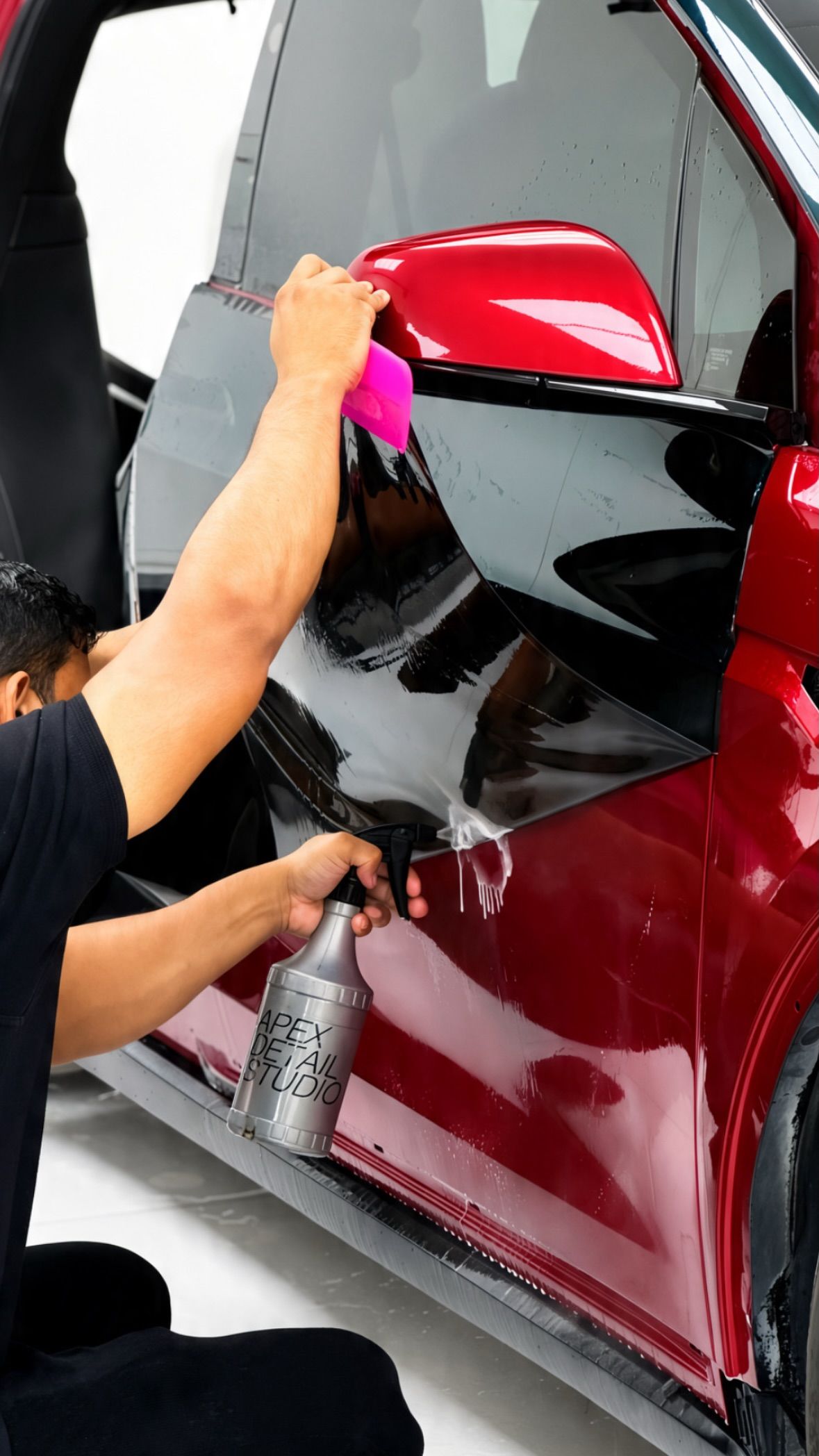 Paint protection film being applied to a red car door at Apex Detail Studio Dubai
