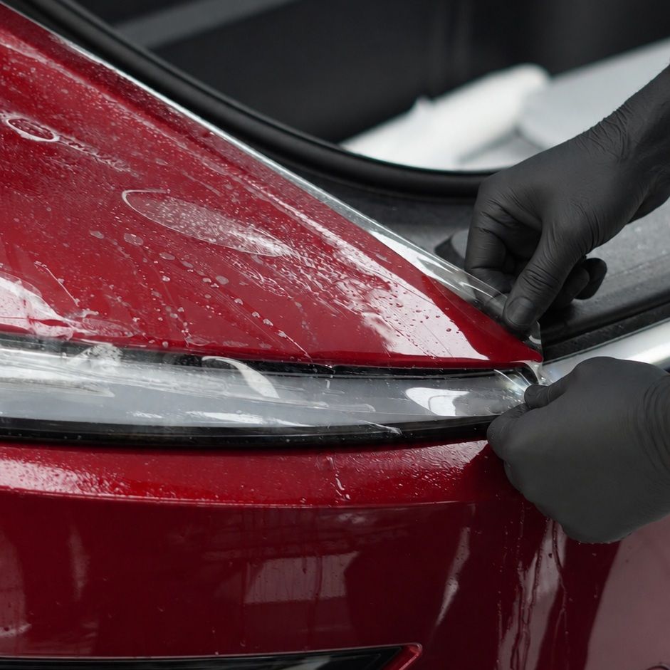 Paint protection film being applied to a red car headlight at Apex Detail Studio Dubai