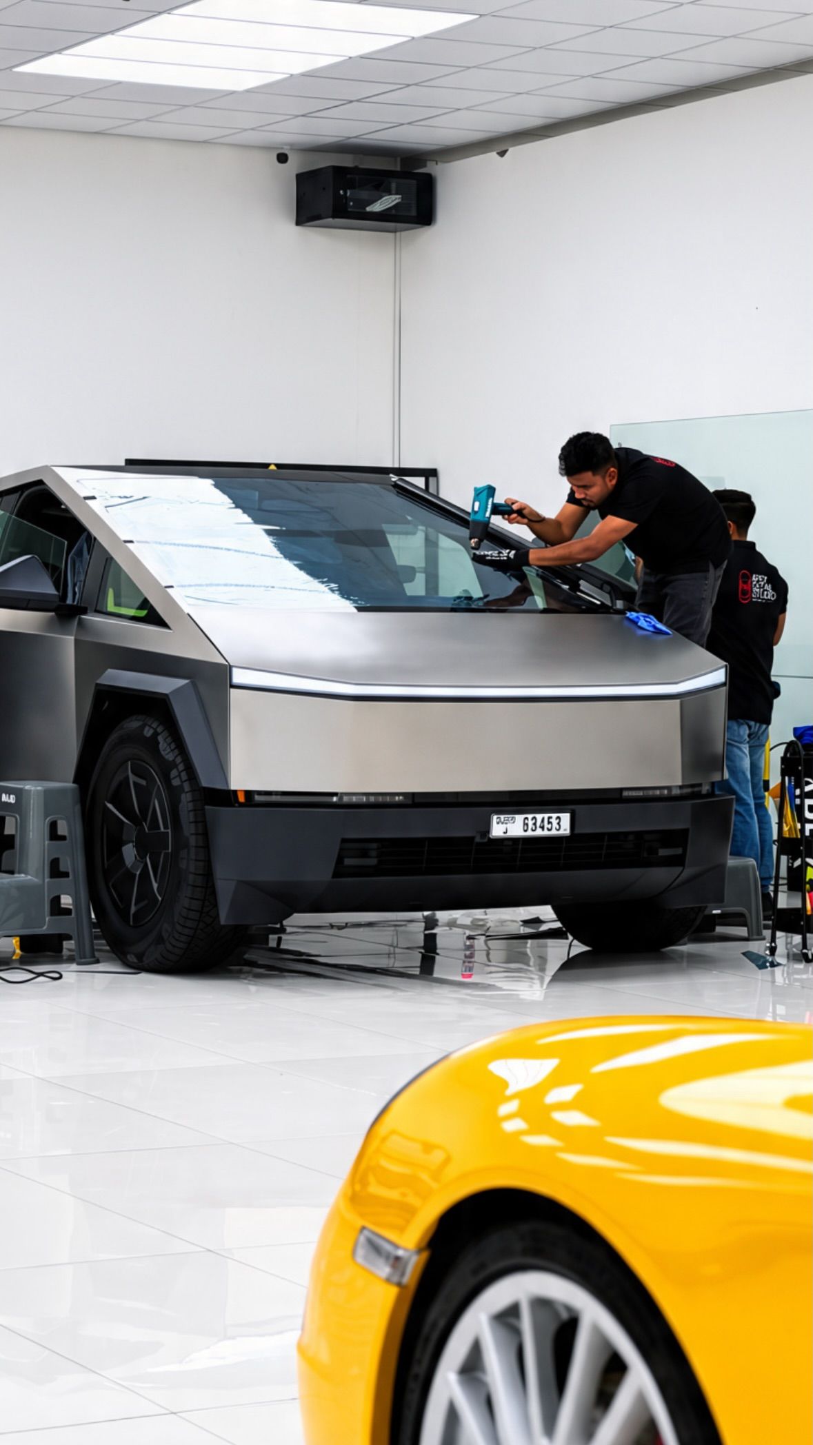 Tesla Cybertruck and a yellow sports car being worked on inside Apex Detail Studio Dubai