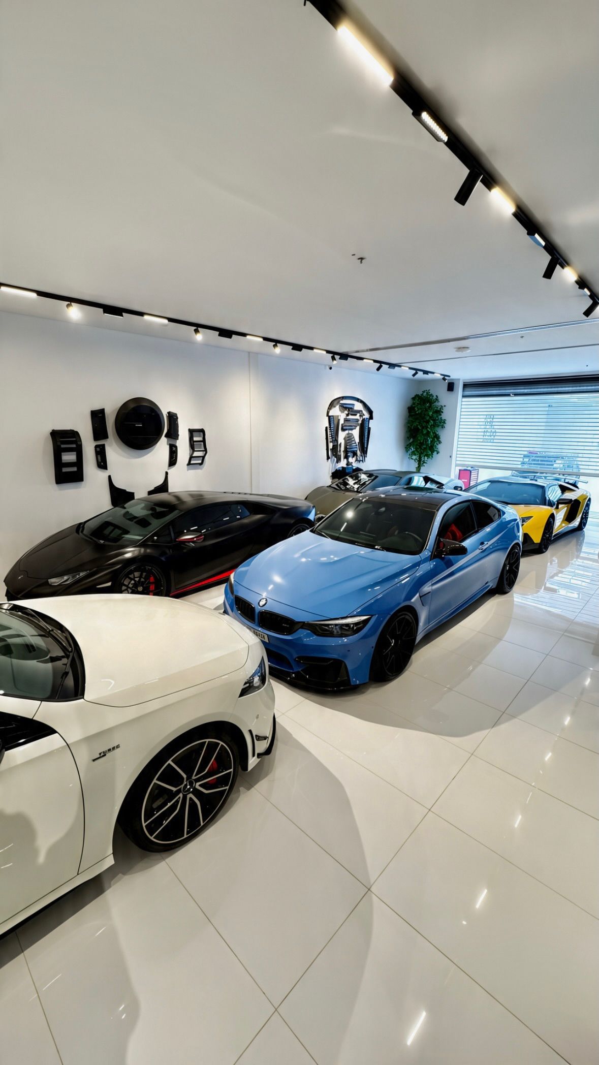 Overhead view of cars inside the 20,000 sq ft Apex Detail Studio PPF workshop in Al Quoz, Dubai
