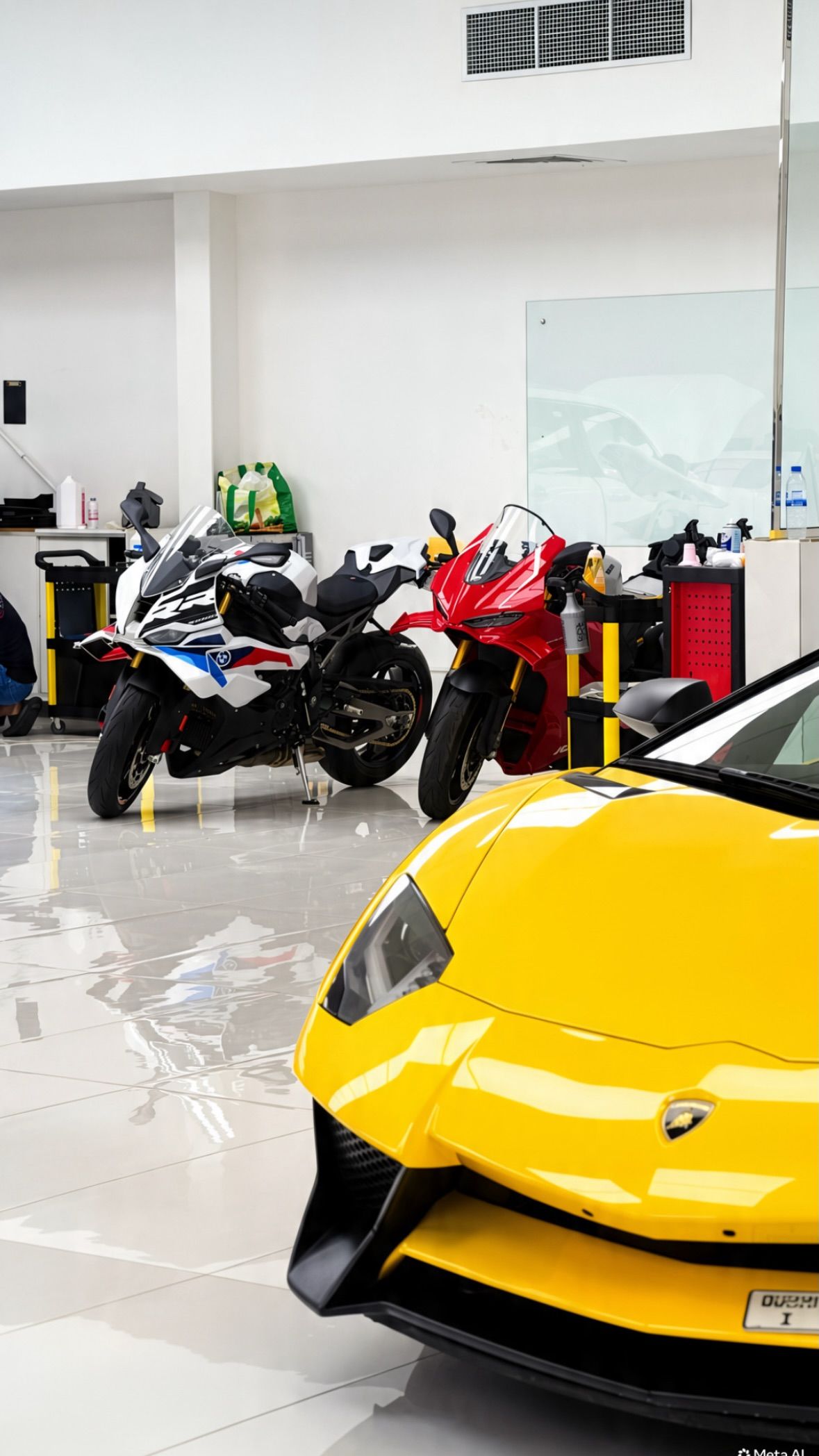 Yellow Lamborghini and motorcycles in the Apex Detail Studio showroom in Dubai