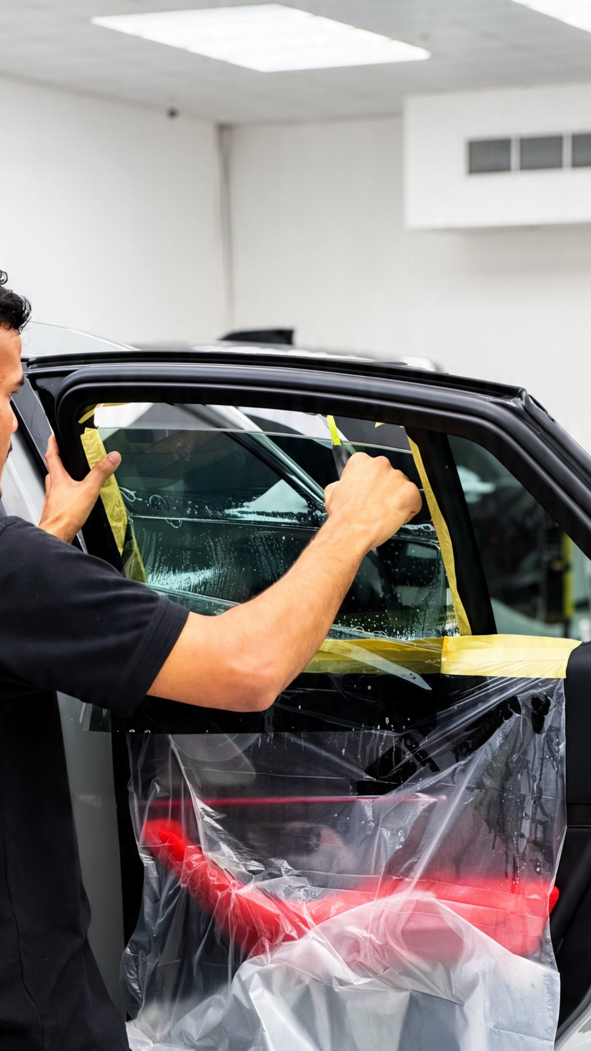 Technician fitting window tint to the front door glass of a black car