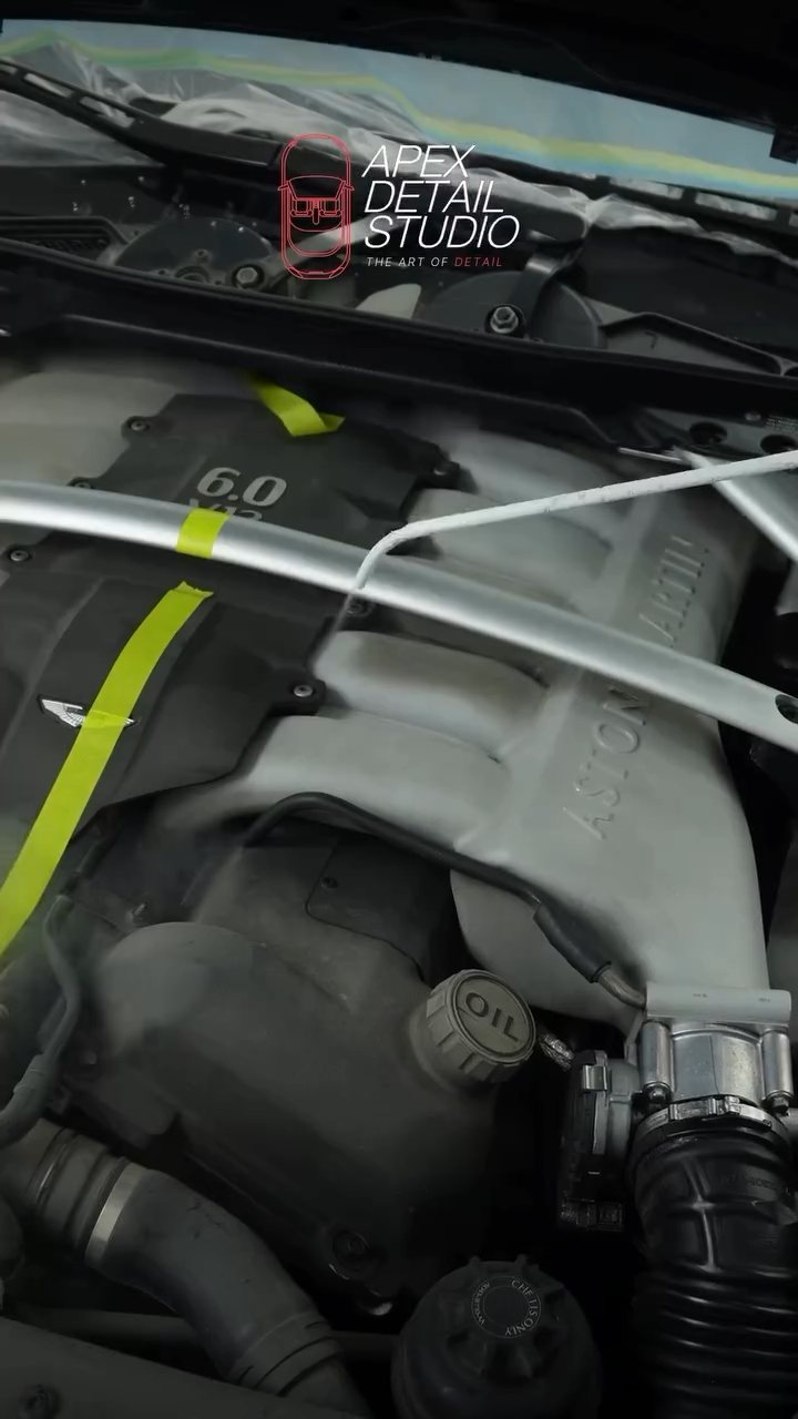 Aston Martin Rapide V12 engine bay before dry ice cleaning in Dubai