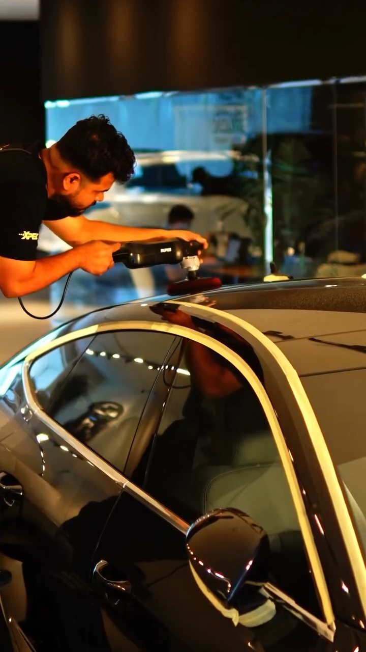 Machine polishing the Audi A7 before ceramic coating in Dubai