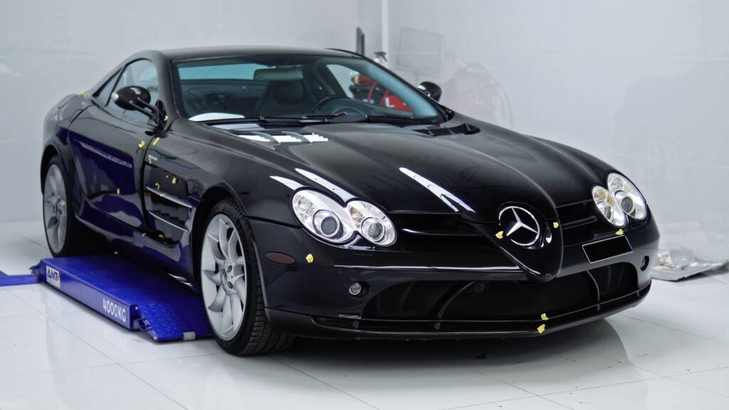 Black Mercedes-Benz SLR McLaren arriving at Apex Detail Studio in Al Quoz Dubai before detailing and PPF