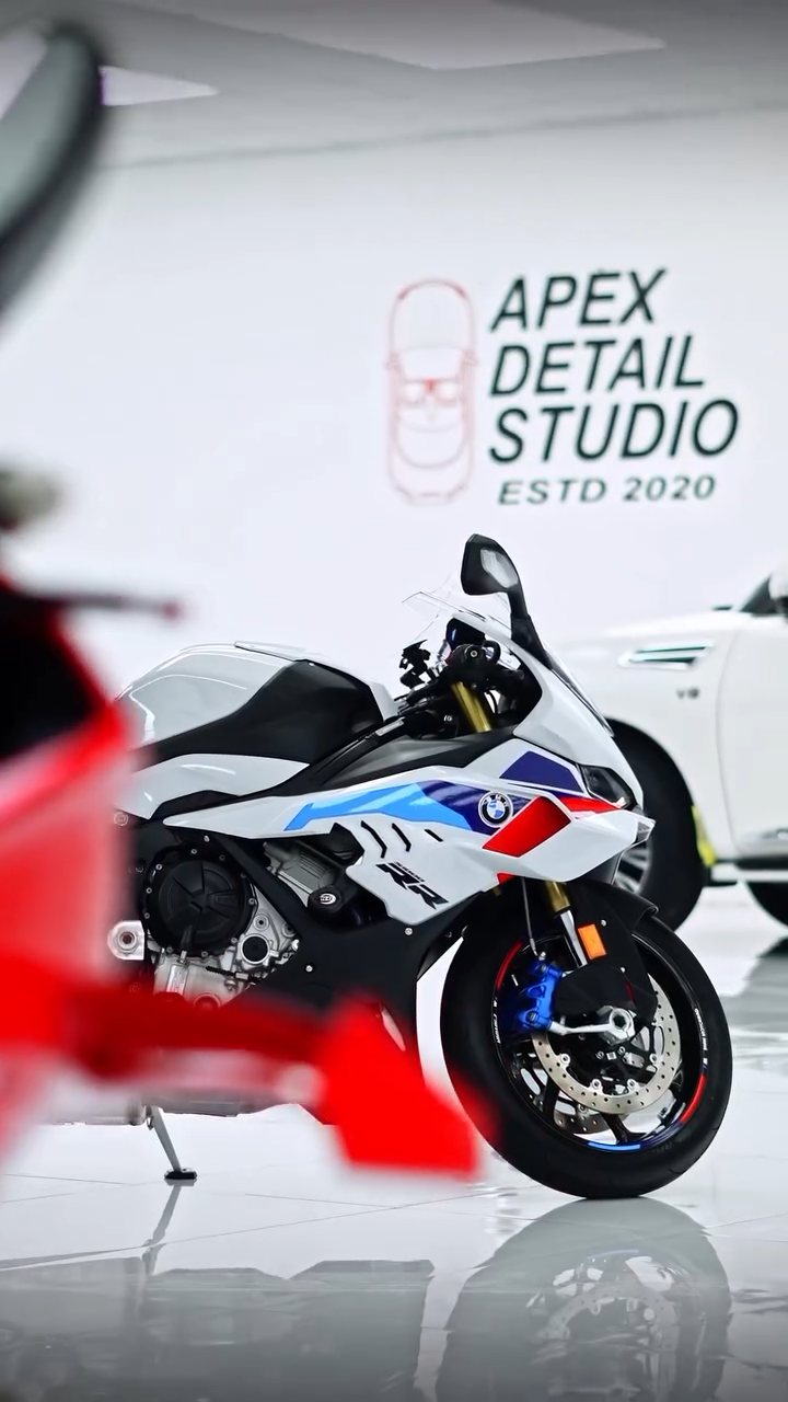 BMW S1000RR in M Motorsport livery after full PPF at Apex Detail Studio Dubai
