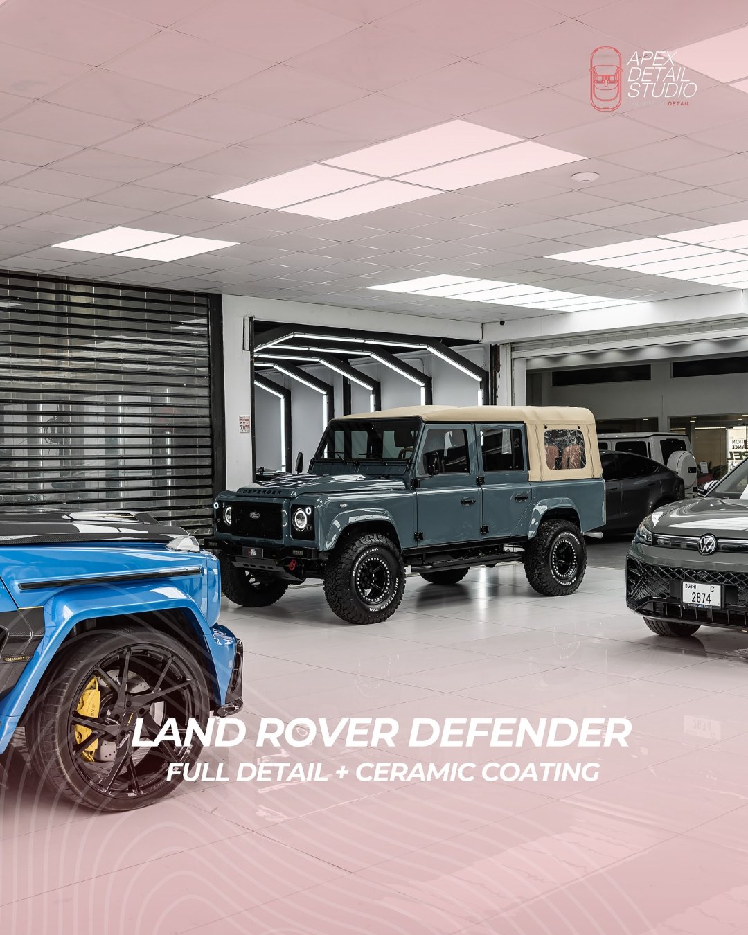 Classic Land Rover Defender, a full interior and exterior detail and ceramic coating, at Apex Detail Studio in Dubai