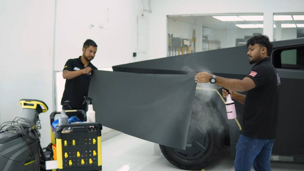 Satin black PPF stretched over the bed side of a Tesla Cybertruck Cyberbeast