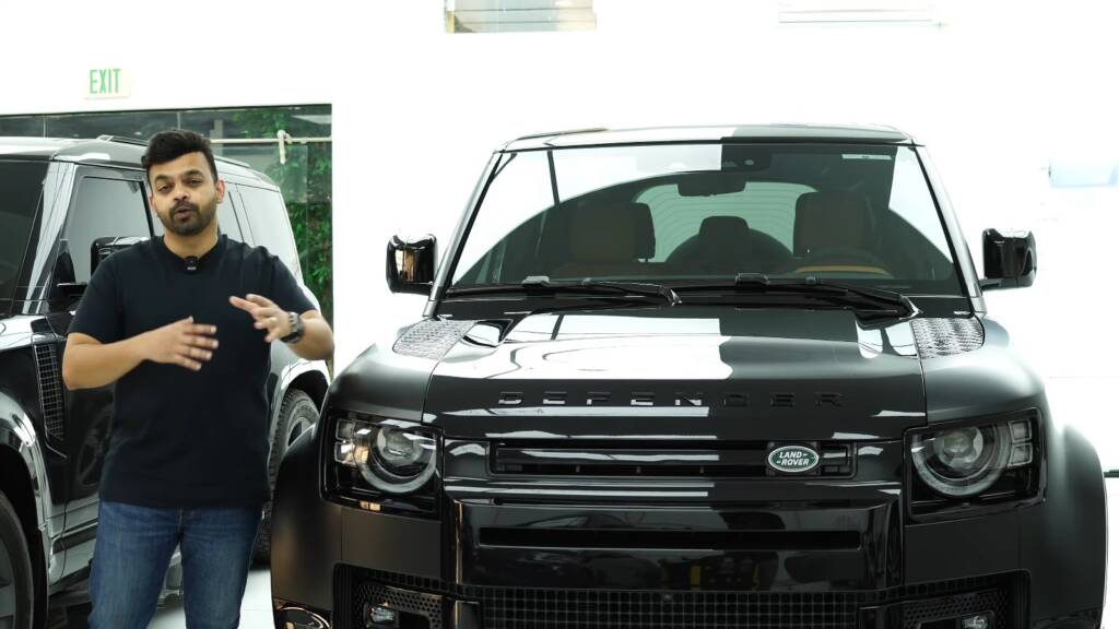 Front end of a Land Rover Defender 110 after a satin PPF conversion, Dubai