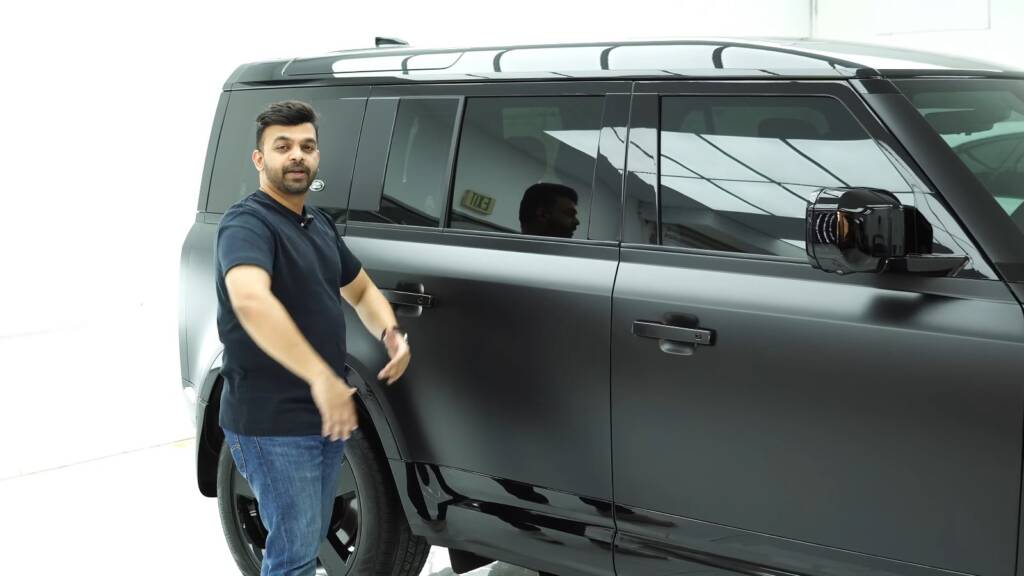 Rear door of a Land Rover Defender 110 in satin PPF, Dubai