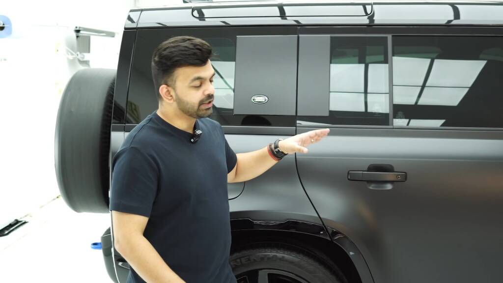 Rear quarter of a Land Rover Defender 110 Carpathian conversion at Apex Dubai