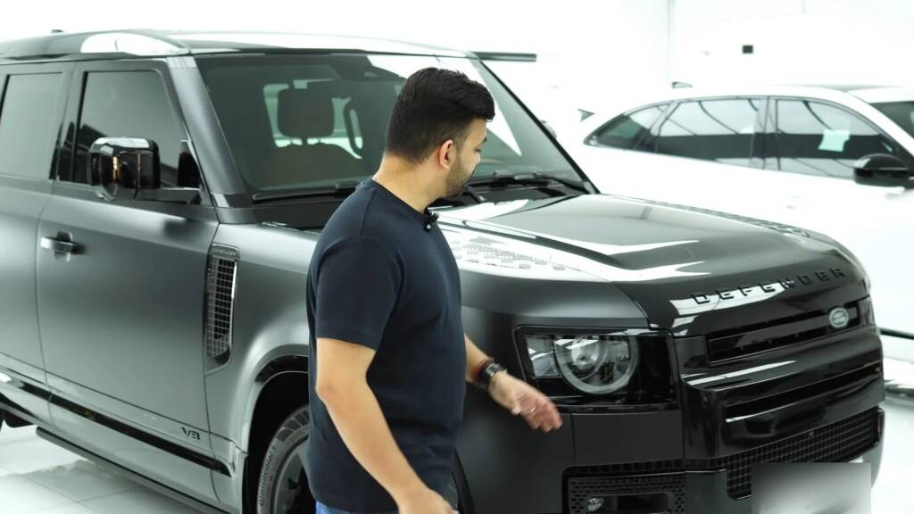 Satin PPF on the bonnet of a Land Rover Defender 110 in Dubai
