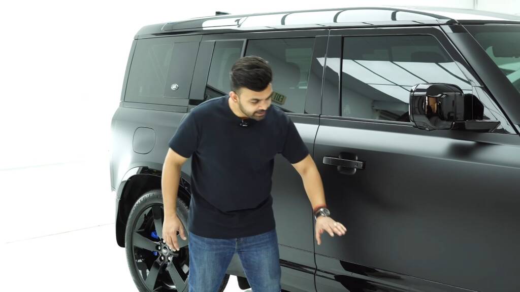 Satin PPF on the side panels of a Land Rover Defender 110 at Apex Dubai
