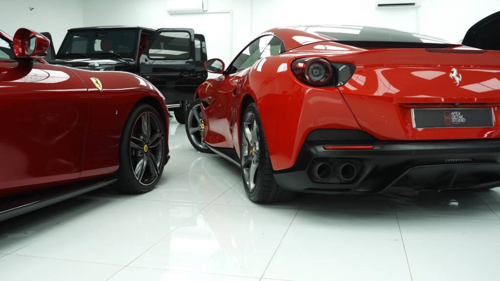 Red Ferrari Portofino rear after new PPF in Dubai