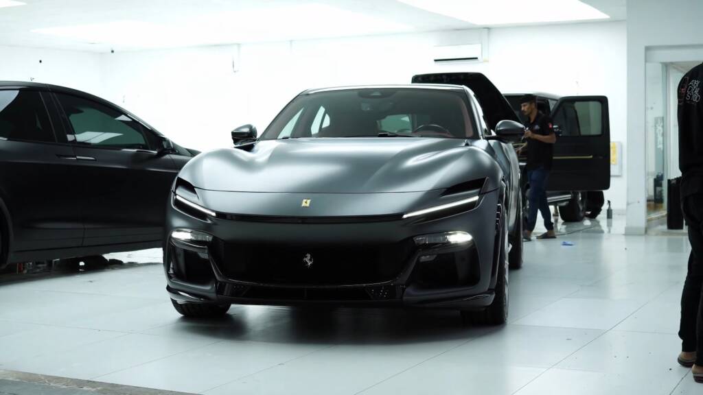 Ferrari Purosangue finished in full satin paint protection film at Apex Detail Studio Dubai
