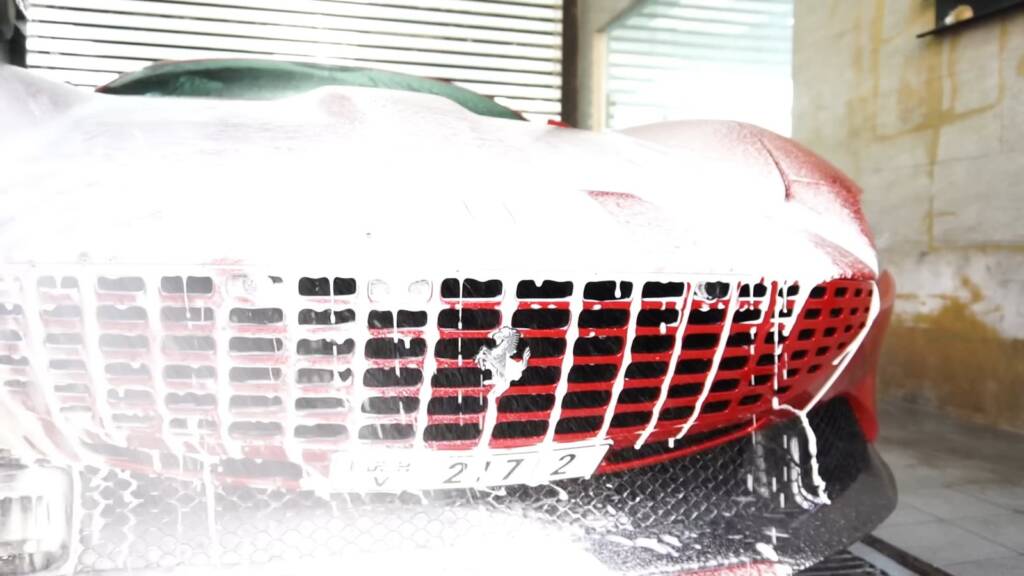 Foam wash on a Ferrari Roma Spider before paint protection film