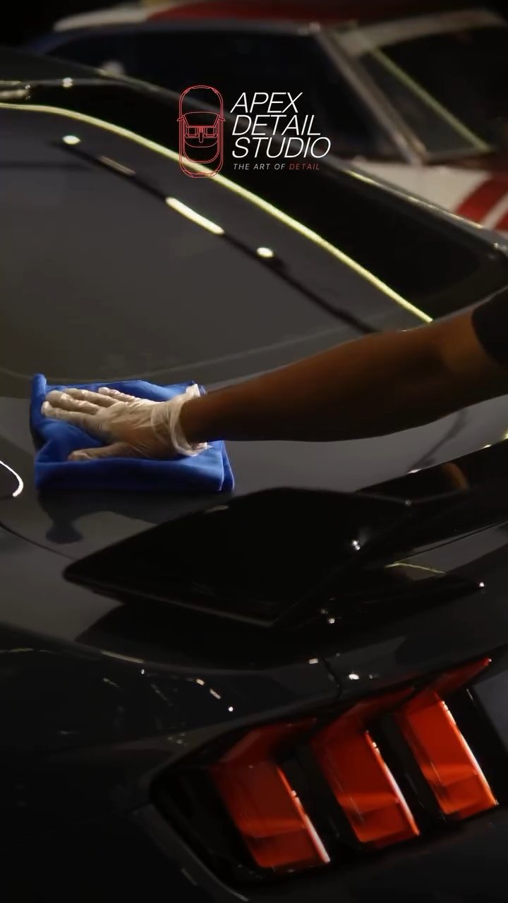Buffing the coating on the Ford Mustang boot lid at Apex Detail Studio Dubai