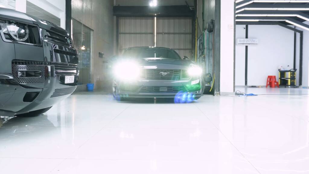 2024 Ford Mustang Dark Horse in dark blue arriving for full PPF at Apex Detail Studio Dubai