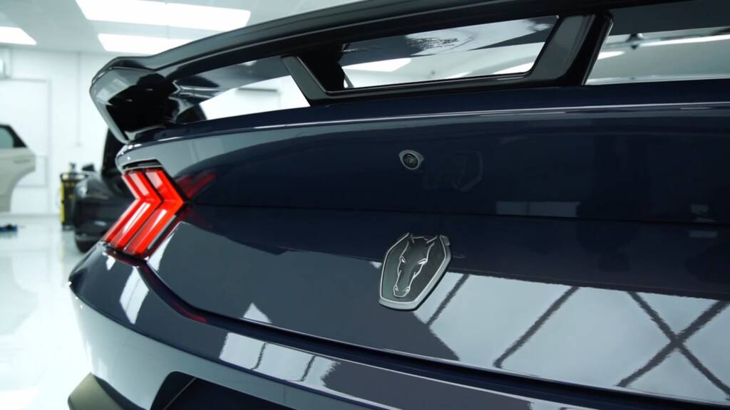 Finished 2024 Ford Mustang Dark Horse rear spoiler and badge after PPF at Apex Detail Studio Dubai