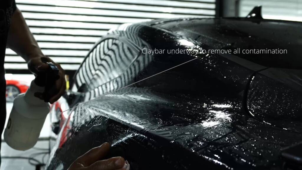 Slip solution sprayed on the 2024 Ford Mustang Dark Horse before PPF at Apex Detail Studio Dubai