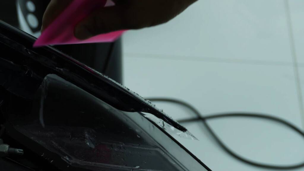 Squeegee along the 2024 Ford Mustang Dark Horse windscreen edge during PPF at Apex Detail Studio Dubai