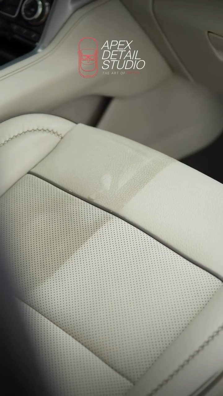 GMC Denali perforated leather backrest half cleaned at Apex Detail Studio