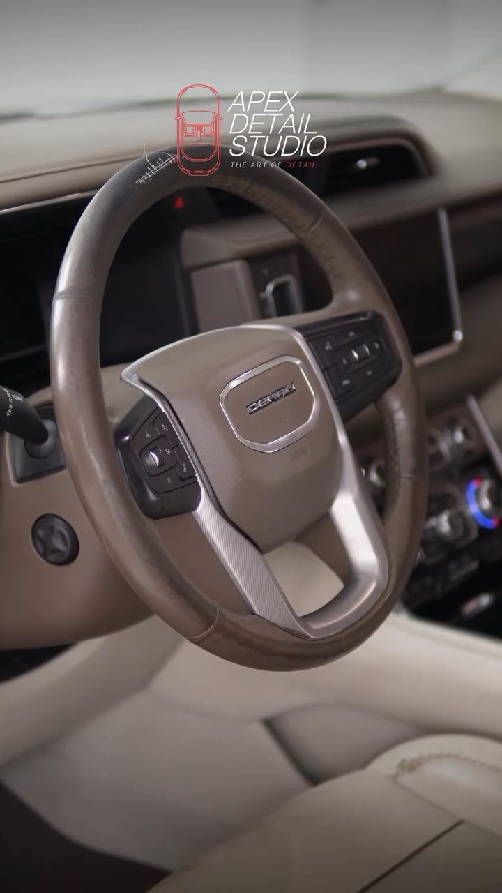 GMC Denali steering wheel and dashboard during the interior detail in Dubai