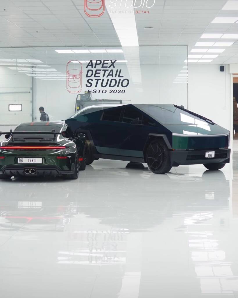 Green Tesla Cybertruck with full colour PPF and window tint parked in Apex Detail Studio Al Quoz Dubai